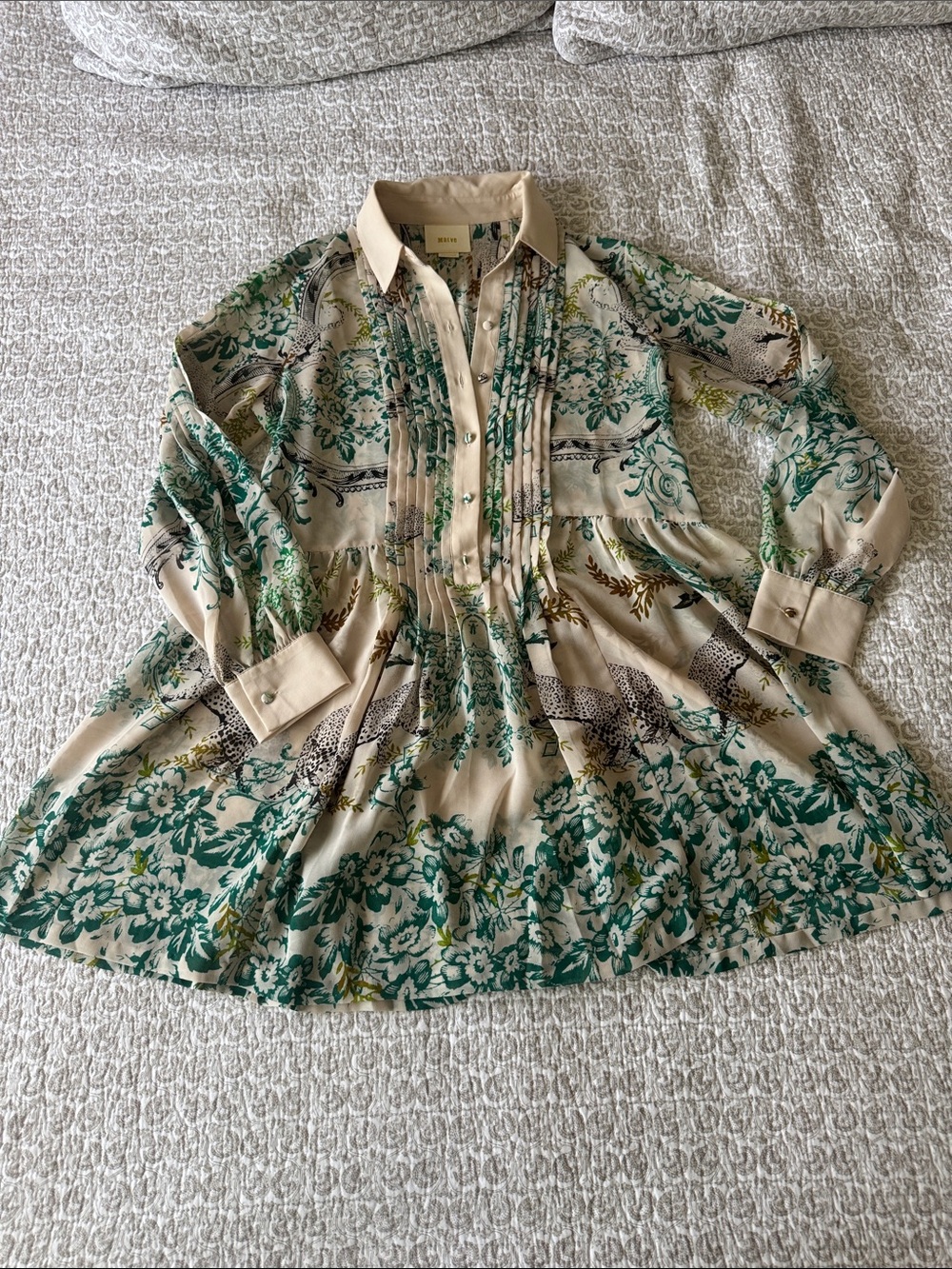 Anthropologie Floral Pintuck Button-Up Blouse in Cream and Green